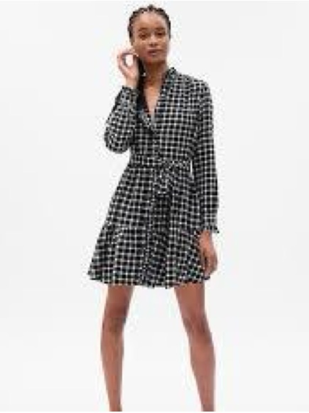 GAP Black & White Checked Long-Sleeve Button-Front Dress with Waist Tie